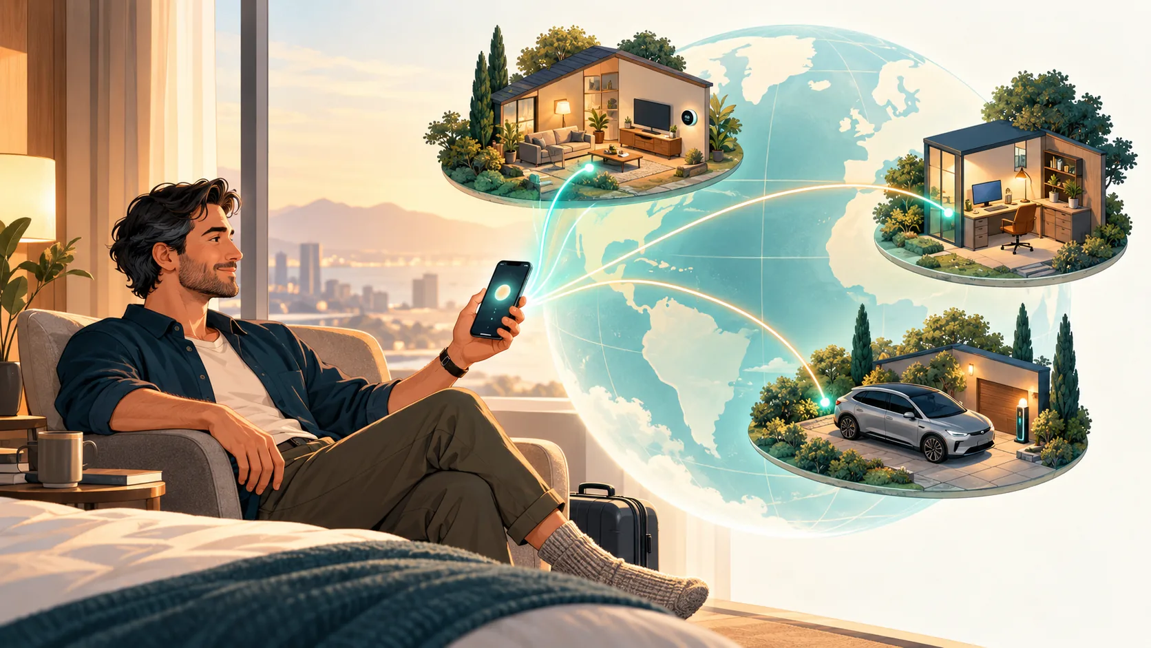 Illustration: a person relaxing in a chair away from home holds up a phone. Glowing lines run from the phone across a globe to three scenes: a living room with a TV and thermostat, a home office, and a garage with an electric car.