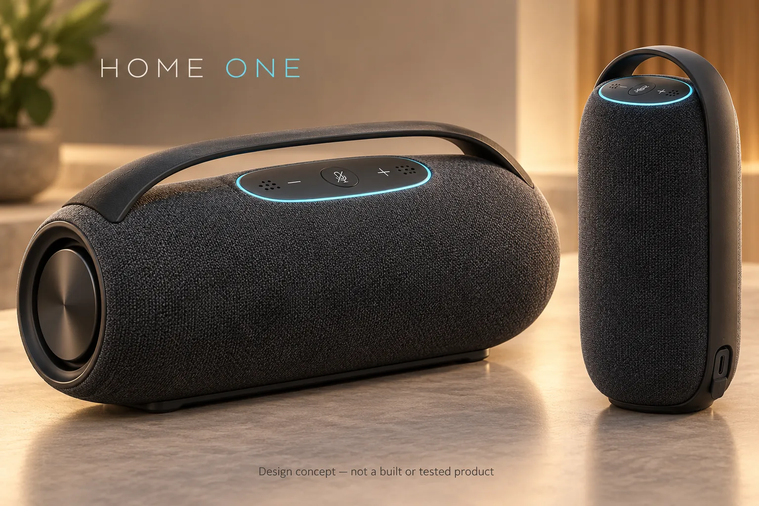 Home One concept render: a rounded fabric speaker with a carry handle lying horizontally, and the same design standing upright beside it.