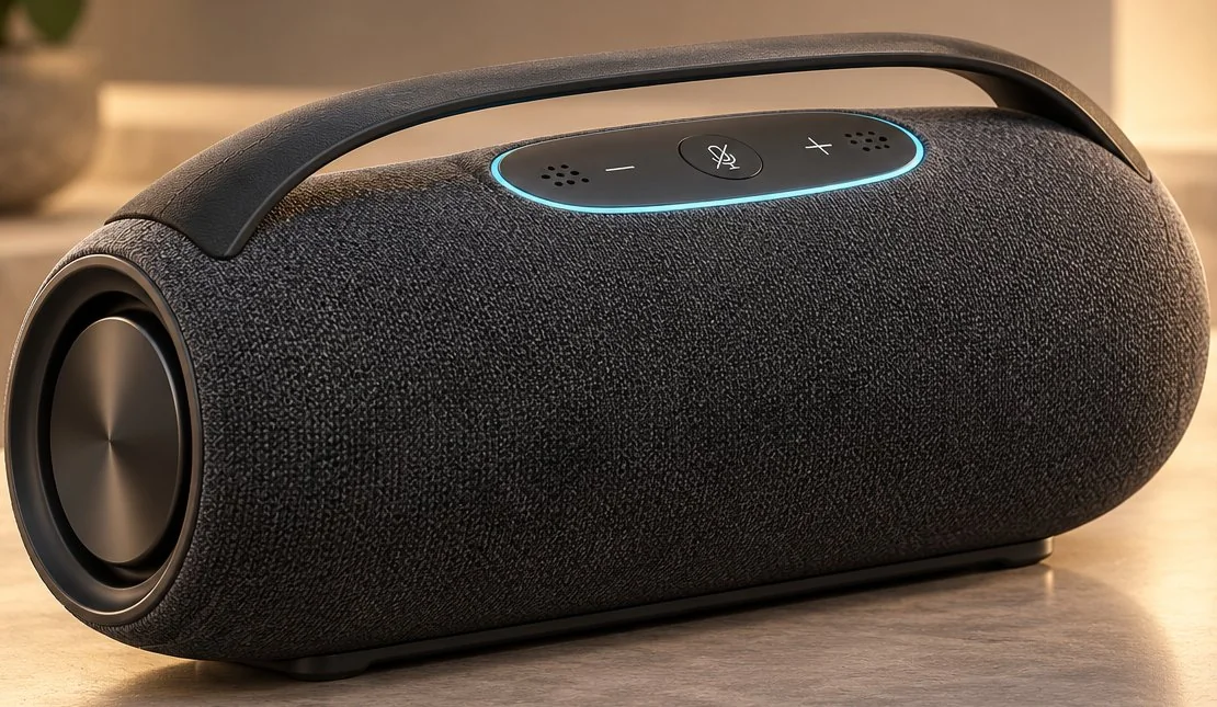 Design render of the Home One speaker concept: a rounded fabric speaker with a carry handle.